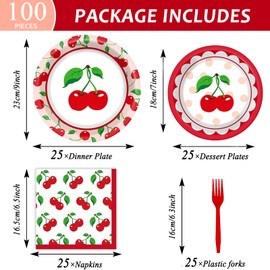 OBUSATT 100 Pcs Cherry Fruit Party Supplies Tableware Set Summer Tropical Picnics Dinnerware Set Disposable Paper Plates Napkins for Baby Shower Birthday Party Decoration for 25 Guests