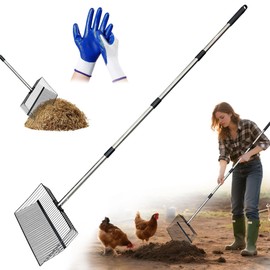 Chicken Poop Scooper for Sand + Work Gloves，Chicken Coop Scoop with 30" to 67" Adjustable Stainless Steel Long Handle，Sifting Shovel，Poop Scooper for Chicken Coop Rake，Farm Animals，Cleaning Tools