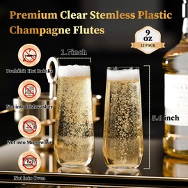 Guanqiao 12 Pack Stemless Plastic Champagne Flutes, 9 oz Clear Disposable Plastic Glasses, Heavy Duty Shatterproof Recyclable Mimosa Glasses for Party Wine Tasting Wedding New Years Eve Party Supplies