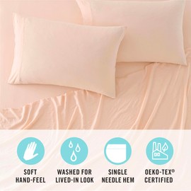MARTHA STEWART Ultra Soft Brushed and Washed Microfiber 4 Piece Sheet Set, Easy Care, Comfy Bed Sheets, Deep Pocket up to 16", 1 Flat and 1 Fitted Sheet, 2 King Pillowcases, Cal King Size, Blush Pink