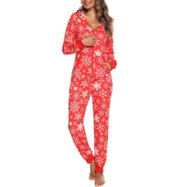 Orshoy Women's Jumpsuit Onesie Jumpsuit One Piece Pyjamas Christmas Jumpsuit Leisure Suit Sleepwear with Hood and Zip, red