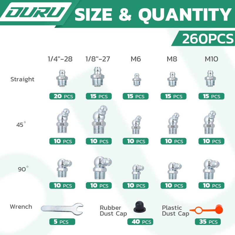OURU 260PCS Grease Fittings Kit, SAE & Metric Zerk Grease