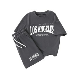 VIPWOLF Boy's Two Piece Short Set Crew Neck Letter Graphic Tee Shirts and Shorts Casual Outfits Dark Grey Letter 12Y