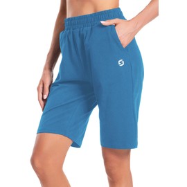 S Spowind Bermudas para mujer, pantalones cortos largos de algodón con bolsillos, para descanso, entrenamiento, gimnasio, longitud a la rodilla, Azul (Copen Blue), S