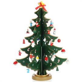 com-four® Mini Wooden Christmas Tree - Decorative Decoration - Stand with Many Ornaments for Hanging - Artificial Christmas Tree for Desk (Pack of 01 - Christmas Tree)