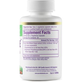 Paradise Herbs Paradise Herbs Resveragrape, Resveratrol + Polyphenols + Opc's, Super Potent, Ultra Pure, Non-GMO, Gluten Free, 60 Vegetarian Capsules