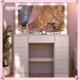 Yamissi White Vanity Set with Large LED Lighted Mirror Makeup Dress Table with 7 Drawers