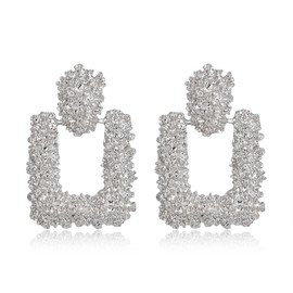 EVER FAITH Square Geometric Earrings Fashion Metal Statement Drop Large Stud Earrings for Women Girls White, Metal, No Gemstone