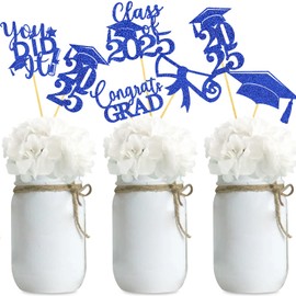 Graduation Centerpiece Sticks 24PCS Glitter Grad Picks Party Table Decor Senior High School College Sign Blue