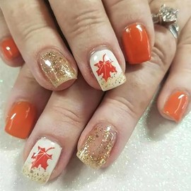 Fall Nails Gold French Press on Nails Short Square Fake Nails with Red Maple Leaf Full Cover Artificial Glue on Nails Design Glitter Artificial Nails Thanksgiving Stick on Nails for Women DIY 24Pcs