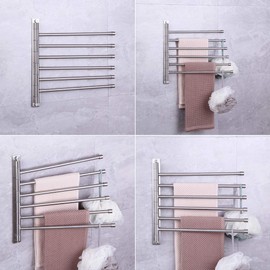 kimzcn Swivel Towel Bar 6-Arm Bathroom Towel Holder Wall-Mounted Swing Out Towel Rack with Hooks Rustproof Brushed Finish