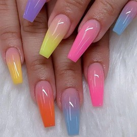 24pcs Long Coffin False Nails Multicolor Stick on Nails Pink ombre Press on Nail Full Cover Acrylic Removable Glue on Fake Nail Art Accessories for Women