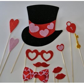 11 Pc Photo Booth Party Props Mustache on a Stick Valentines Day Hearts Top Hats