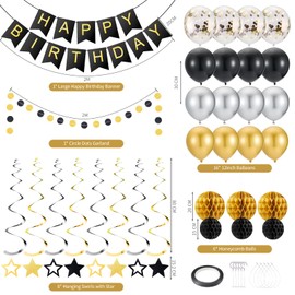 Gold and Black Party Decorations Bunting Set, Happy Birthday Banner with Hanging Swirls Stars, Balloons, Honeycomb Balls, Circle Dots Garland for Women Men