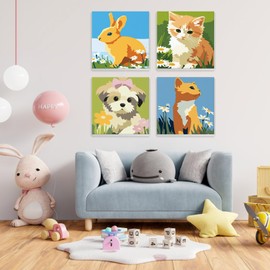 NEWENMO 4 Pack Paint by Number for Kids with Wooden Frame, Cute Rabbit, Cat, Dog Paint by Numbers for Kids Ages 8-12, Animal, DIY Acrylic Oil Painting for Beginners for Home Wall Decor 8X8 inch