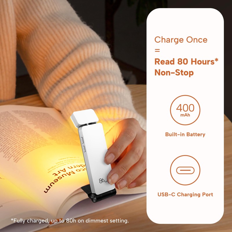86lux Book Light, Rechargeable Reading Lights for Books in Bed,