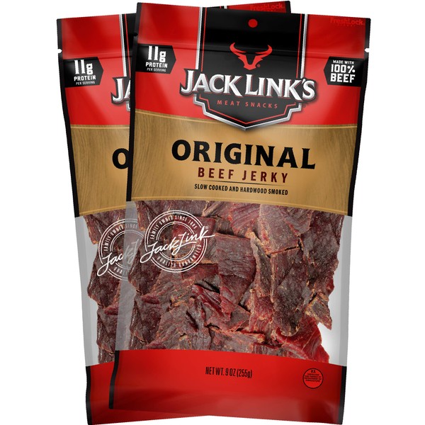 Jack Link’s Beef Jerky, Original, (2) 9 oz. Bags – Great Everyday Snack, 11g of Protein and 80 Calories, Made with 100% Premium Beef - 96% Fat Free, No Added MSG