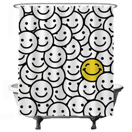 Ulticool - Smiley Smiley Shower Curtain - 180 x 200 cm - Bathroom Curtain - Washable - Mould-proof - with 12 Rings White - Yellow Black White