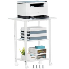 Lerliuo 3-Tier Printer Stand, Industrial Mobile Printer Table with Storage Shelf and Steel Frame, Rolling Printer Cart Holder with Lockable Wheels for Home, Office (White)