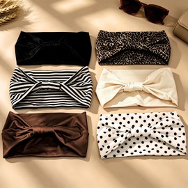 6 P Leopard Print Knotted Bow Headbands for Women, Wide Cotton Non-Slip