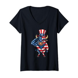 Womens Patriotic Salute Bison Uncle Sam Hat USA Flag July 4th Bull V-Neck T-Shirt