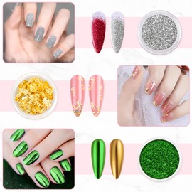 MELLIEX Nail Powder Set, Includes 4 Chrome Nail Powders, 5 Glitter for Nails, 4 Sheets of Gold Nails with 8 Eyeshadow Brushes for Salon Home Nail Art Nail Design DIY