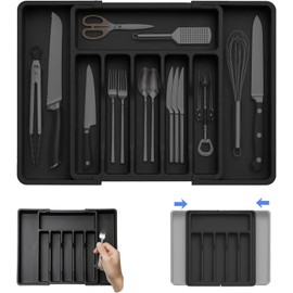 Organizador De Cubiertos, Bandeja Expansible para Cajon, Organizador de Cocina Ajustable con 8 Divisiones, Soporte de Cubiertos Resistente, Porta Cubiertos Practico | Ecomlab (NEGRO)