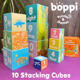 boppi Baby Stacking Blocks Dinosaur Toys with Letters and Numbers, Montessori Cubes for Toddlers, Preschool Learning Toys