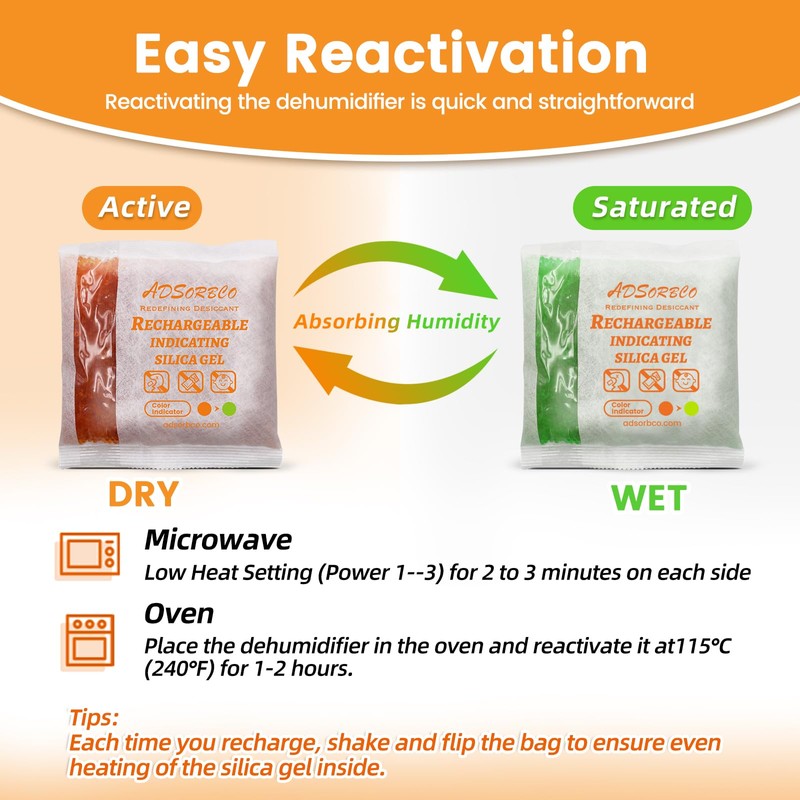 Adsorbco Rechargeable 200 Gram 2 Packs Desiccant, Indicating Silica Gel
