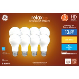GE Relax 8-Pack 60 W Equivalent Dimmable Soft White A19 LED Light Fixture Light Bulbs