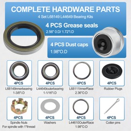 4 Set L68149 L44649 Trailer Axle Bearings Kit with 171255TB Grease Seals,1.98'' Trailer Dust Caps, Cotter Pins, Axle Nuts & Washers, Fits for 1-3/8'' to 1-1/16'' 3500 Lbs Trailer Axle #84 Spindle