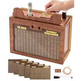 Marycele Money Saving Box, 10000 Wooden Piggy Bank for Adults Kids, Coin Cash Box Gifts Toys for Ages 8-13, Reusable Kakaibo Money Box for Kids Birthday Gifts Boys Girls Adults Challenge （5 Amounts）