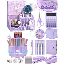 LXEVIHK 21Pcs Purple Desk Organizers and Accessories With Mesh Desk Organizer and 360°Rotating Pen Holder and a Lot of Office Purple Office Supplies Beautifully Presented in a Gift Box