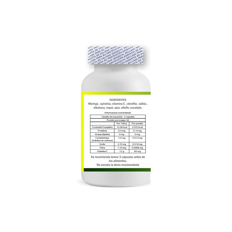 MORINGA + ESPIRULINA Y CLOROFILA 120 capsulas de 500 mg