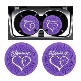 Augeny 2PCS Car Cup Holder Coaster, Non-Slip PVC Insert Cup Coaster, 2.76 Inch Blessed Cross and Heart Christian Auto Drink Cup Mat, Interior Car Accessories for Women Girls (Dark Purple 2PCS)