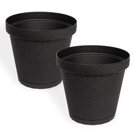 Elly Décor Set of 2 12 inch Round Saucer Modern Self Watering Planter Plates, Pots with Rattan-Like Finish, 12x12 Gray