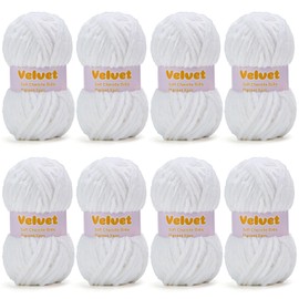 Hilo de terciopelo de chenilla para ganchillo y tejer, suave chenilla voluminosa, manta de bebé, paquete de 8 unidades, color blanco (4 onzas 66 yardas cada uno)