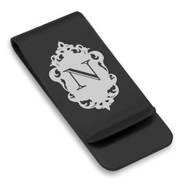 Comfort Zone Studios Stainless Steel Royal Crest Letter N Initial Classic Slim Money Clip Credit Card Holder, Black