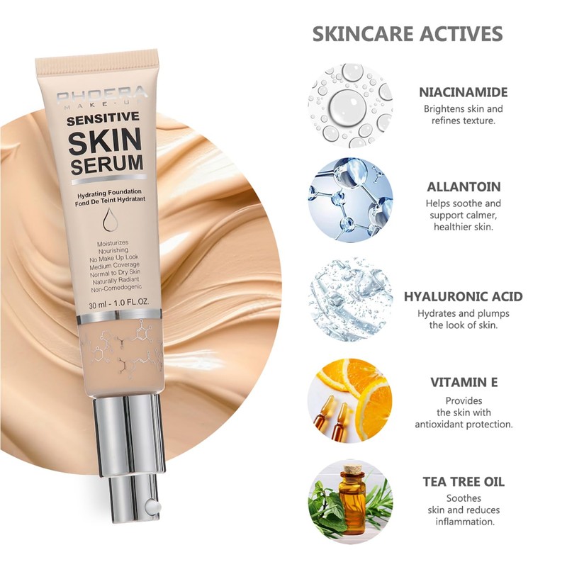 PHOERA Tinted Moisturizer Foundation Serum, 4-in-1 Hydrating, Primer, & Foundation,