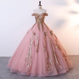Datangep Light Pink Sequined Quinceanera Dresses Off Shoulder Tulle Prom Ball Gown Tulle Applique Princess Party Gowns US4
