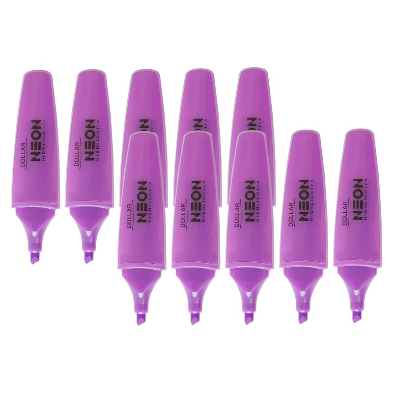 DOLLAR HL625 Neon Fluorescent Highlighter Pens, VIOLET, Pack of 10,