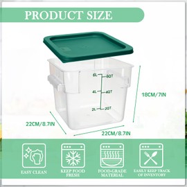 Lallisa 8 Pack 6 Qt Commercial Food Storage Containers with Lids and Handles Clear Square Food Containers with Scales 6 Quart Storage Containers for Home Kitchen Restaurant Pantry(Green Lids)