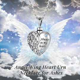 Sterling Silver Angel Wing Heart Urn Pendant Necklace For Ashes - A piece of my heart is in heaven Memorial Keepsake Cremation Jewelry
