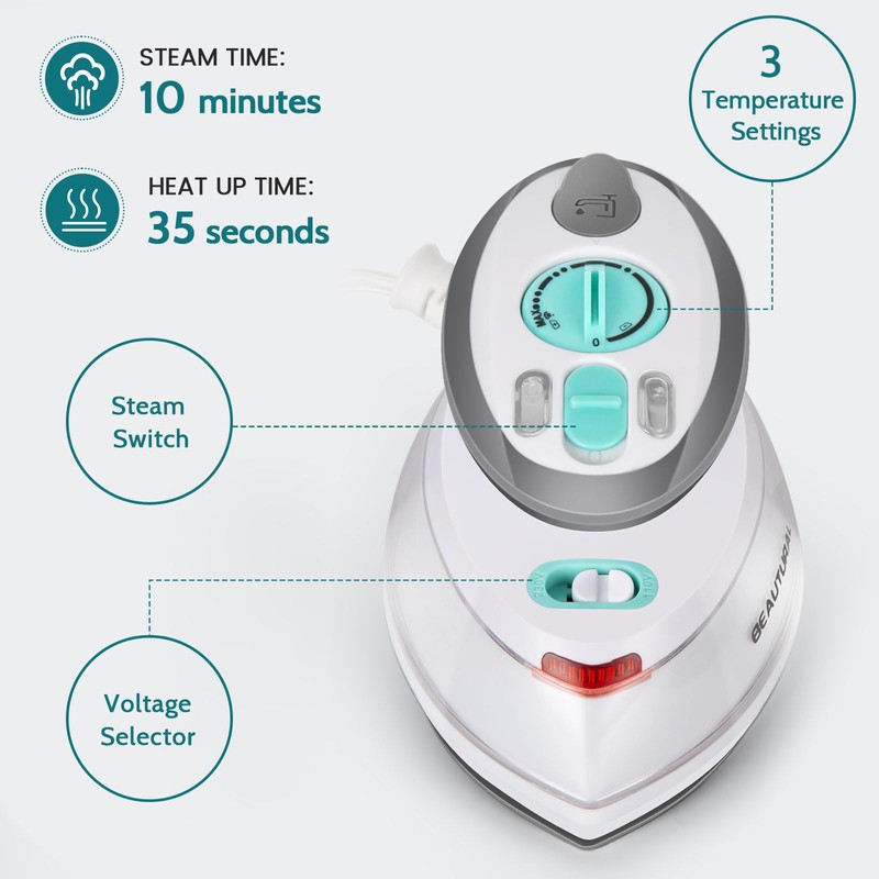 BEAUTURAL Mini Travel Steam Iron for Clothes with Dual Voltage,