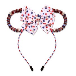ZITULRY 4th of July Headband Red White Blue Tinsel Bow Stars Cartoon Ear Hairband American Flag Patriotic Headpiece Independence Day Memorial Day Hair Accessories Holiday Party Gifts