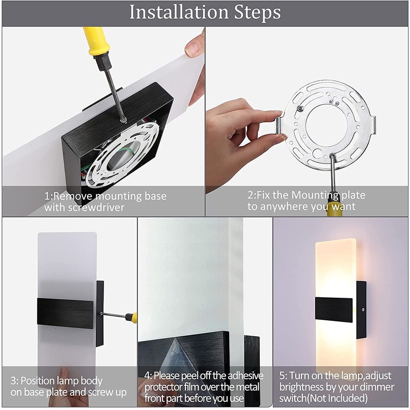Dimmable Wall Sconce Modern, LIGHTESS Indoor Wall Lamp Black 12W