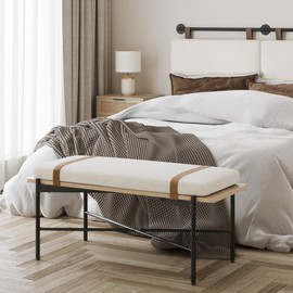 Nathan James Thatcher Upholstered Entryway Bench with Removable Boucle Cushion, Vegan Leather Straps, and Matte Black Metal Legs