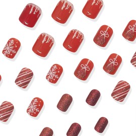 Mkwntg Christmas Press on Nails Short Square Fake Nails with Snowflake Bow Stripe Pattern Designs Glossy Red White Glitter Glue on Nails Cute Winter Xmas Bell Stick on Nails for Women Girls 24Pcs