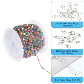 PATIKIL Stainless Steel Jewelry Chain, 16Ft 1.5mm Multicolor Beaded Link Cable Chains for Necklace Earring Bracelet Findings Jewelry Making Trucker Hat Chains, Silver/Multicolor