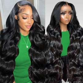 Aoque 34 Inch Body Wave Lace Front Wigs Human Hair 13x6 HD Lace Front Wigs Human Hair Pre Plucked 200 Density Glueless Human Hair Wigs for Women Natural Black